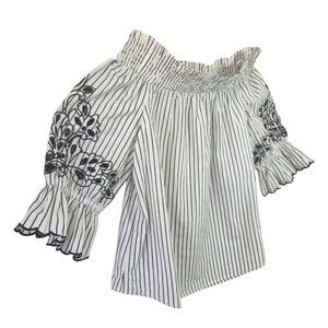 Chicos Smocked Off Shoulder Peasant Blouse Sz 12 Black on White Embroidered Slv